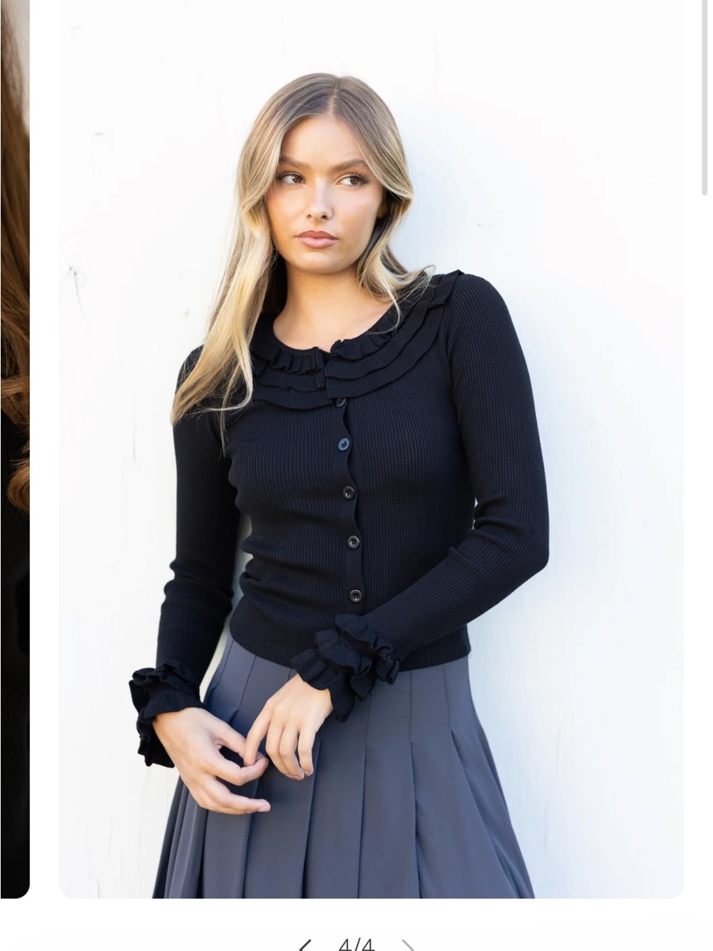 Black Ruffle-Trim Button Cardigan